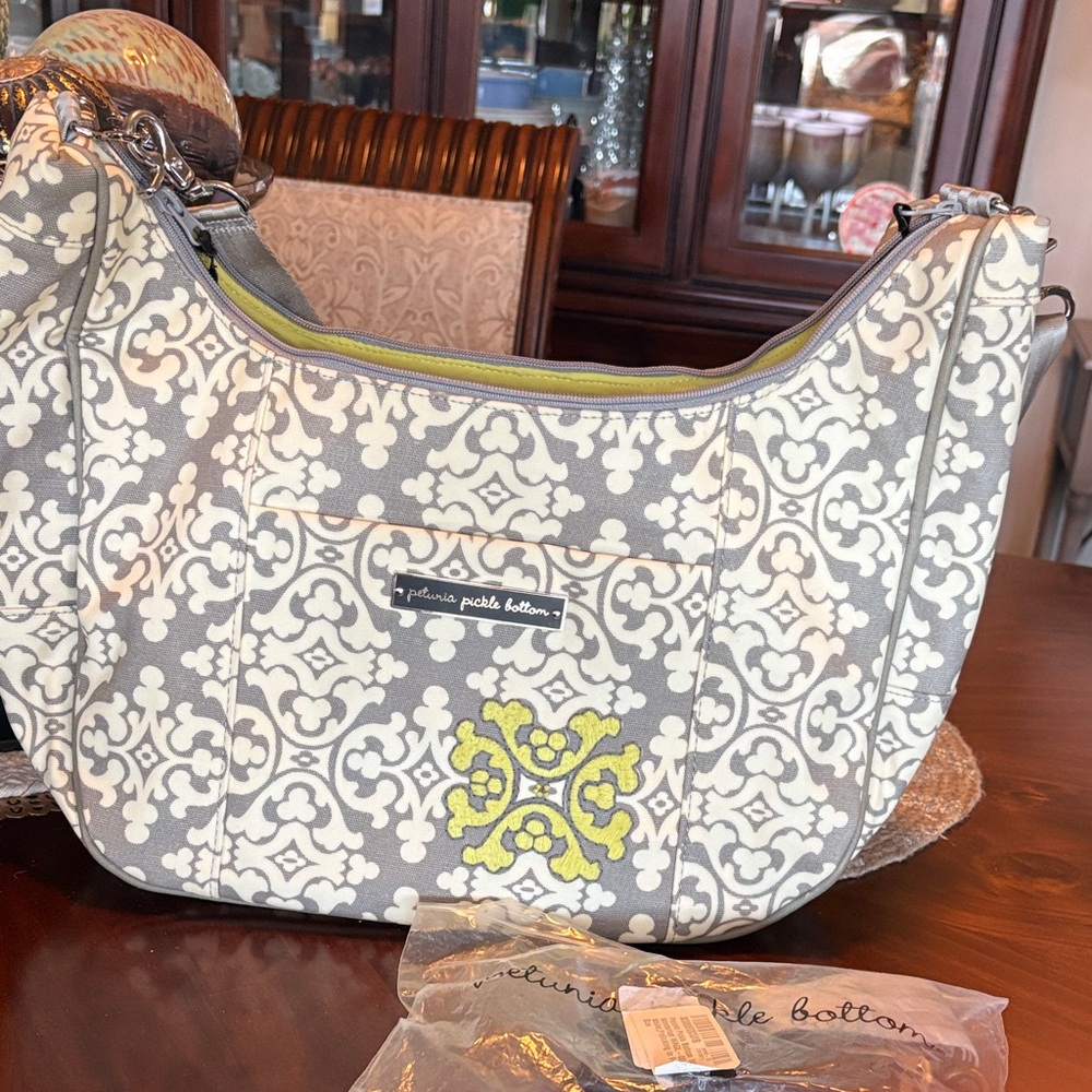 Petunia Pickle Bottom Gray & White Patterned Shoulder Bag with Lime Accent